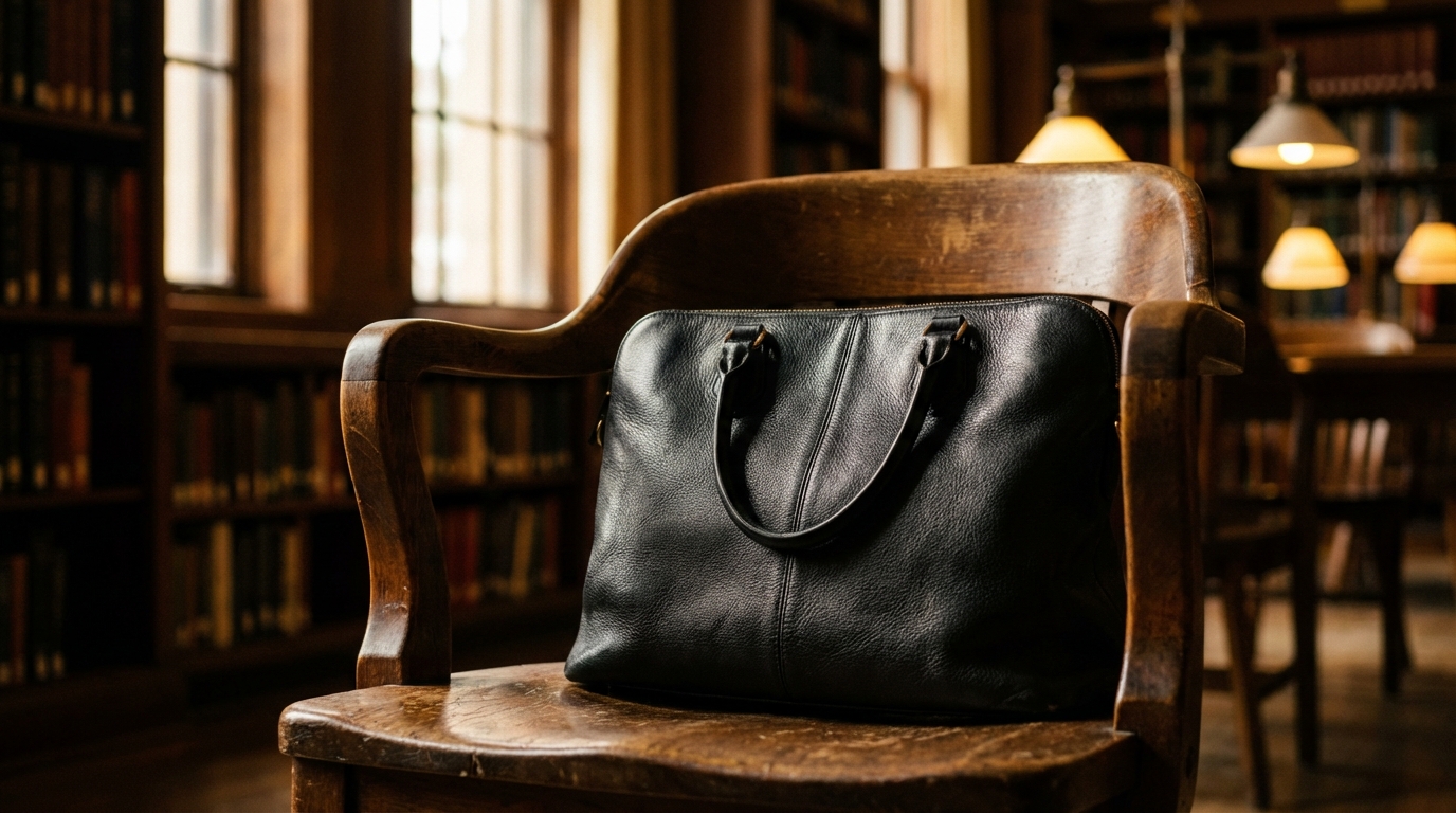 Subject: A luxury black leather handbag sitting on a vintage wooden chair. Material: Full-grain leather texture with visible pores and natural creases. Lighting: Rembrandt lighting setup, creating a dramatic mood with strong contrast between light and shadow. Environment: Blurred library background with old books, warm ambient light. Camera: 50mm lens, f/2.8 aperture.